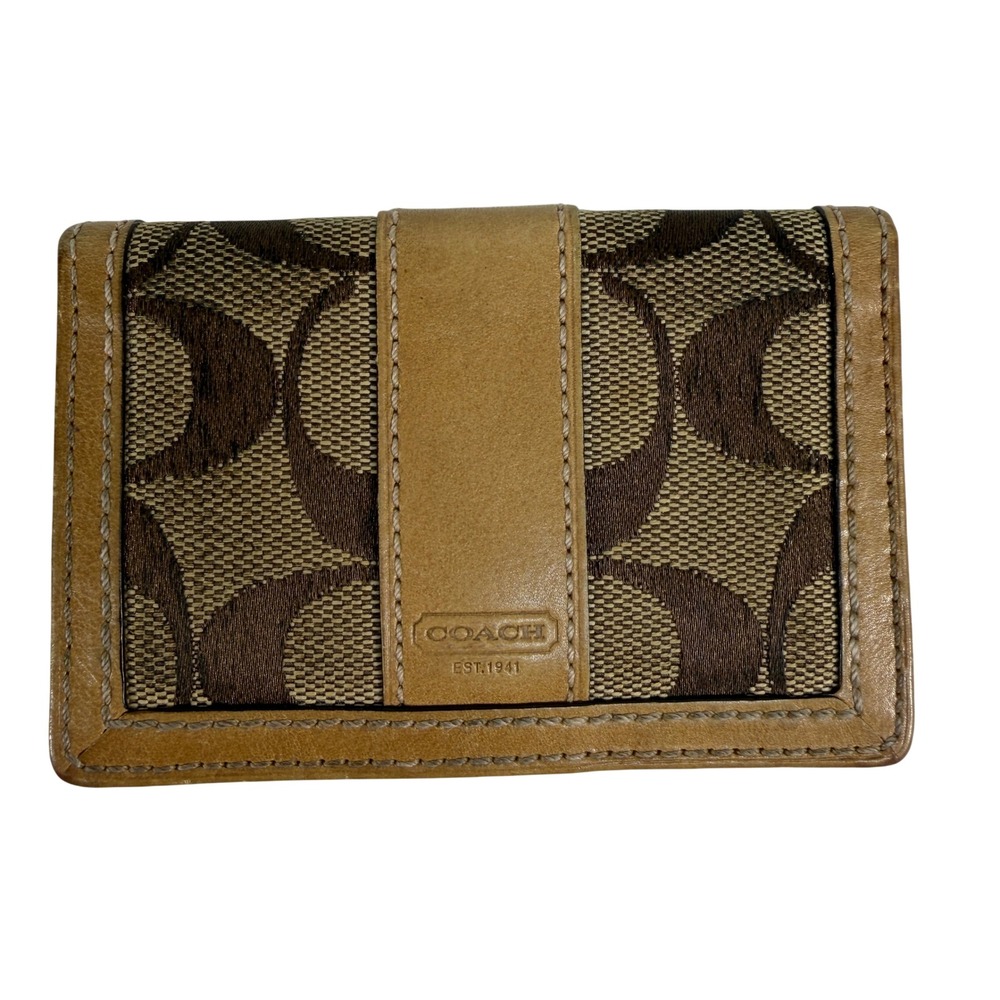 Coach Card Holder Signature Jacquard Leather Trim ID Holder Window Brown‎ Tan